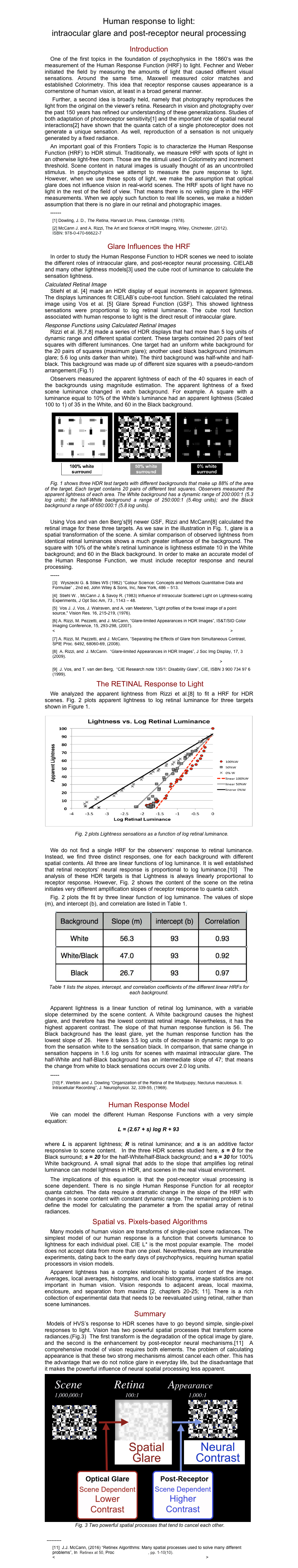 
Human response to light: 
intraocular glare and post-receptor neural processing 

Introduction
One of the first topics in the foundation of psychophysics in the 1860‘s was the measurement of the Human Response Function (HRF) to light. Fechner and Weber initiated the field by measuring the amounts of light that caused different visual sensations. Around the same time, Maxwell measured color matches and established Colorimetry. This idea that receptor response causes appearance is a cornerstone of human vision, at least in a broad general manner.
 Further, a second idea is broadly held, namely that photography reproduces the light from the original on the viewer’s retina. Research in vision and photography over the past 150 years has refined our understanding of these generalizations. Studies of both adaptation of photoreceptor sensitivity[1] and the important role of spatial neural interactions[2] have shown that the quanta catch of a single photoreceptor does not generate a unique sensation. As well, reproduction of a sensation is not uniquely generated by a fixed radiance. 
An important goal of this Frontiers Topic is to characterize the Human Response Function (HRF) to HDR stimuli. Traditionally, we measure HRF with spots of light in an otherwise light-free room. Those are the stimuli used in Colorimetry and increment threshold. Scene content in natural images is usually thought of as an uncontrolled stimulus. In psychophysics we attempt to measure the pure response to light. However, when we use these spots of light, we make the assumption that optical glare does not influence vision in real-world scenes. The HRF spots of light have no light in the rest of the field of view. That means there is no veiling glare in the HRF measurements. When we apply such function to real life scenes, we make a hidden assumption that there is no glare in our retinal and photographic images.
------
[1] Dowling, J. D., The Retina, Harvard Un. Press, Cambridge. (1978).
[2] McCann J. and A. Rizzi, The Art and Science of HDR Imaging, Wiley, Chichester, (2012).   
ISBN: 978-0-470-66622-7

Glare Influences the HRF
In order to study the Human Response Function to HDR scenes we need to isolate the different roles of intraocular glare, and post-receptor neural processing. CIELAB and many other lightness models[3] used the cube root of luminance to calculate the sensation lightness. 
Calculated Retinal Image
Stiehl et al. [4] made an HDR display of equal increments in apparent lightness. The displays luminances fit CIELAB’s cube-root function. Stiehl calculated the retinal image using Vos et al. [5] Glare Spread Function (GSF). This showed lightness sensations were proportional to log retinal luminance. The cube root function associated with human response to light is the direct result of intraocular glare.
Response Functions using Calculated Retinal Images
Rizzi et al. [6,7,8] made a series of HDR displays that had more than 5 log units of dynamic range and different spatial content. These targets contained 20 pairs of test squares with different luminances. One target had an uniform white background for the 20 pairs of squares (maximum glare); another used black background (minimum glare; 5.6 log units darker than white). The third background was half-white and half-black. This background was made up of different size squares with a pseudo-random arrangement.(Fig.1)
Observers measured the apparent lightness of each of the 40 squares in each of the backgrounds using magnitude estimation. The apparent lightness of a fixed scene luminance changed in each background. For example. A square with a luminance equal to 10% of the White‘s luminance had an apparent lightness (Scaled 100 to 1) of 35 in the White, and 60 in the Black background. 
￼
Fig. 1 shows three HDR test targets with different backgrounds that make up 88% of the area of the target. Each target contains 20 pairs of different test squares. Observers measured the apparent lightness of each area. The White background has a dynamic range of 200:000:1 (5.3 log units); the half-White background a range of 250:000:1 (5.4log units); and the Black background a range of 650:000:1 (5.8 log units).

Using Vos and van den Berg’s[9] newer GSF, Rizzi and McCann[8] calculated the retinal image for these three targets. As we saw in the illustration in Fig. 1, glare is a spatial transformation of the scene. A similar comparison of observed lightness from identical retinal luminances shows a much greater influence of the background. The square with 10% of the white’s retinal luminance is lightness estimate 10 in the White background; and 60 in the Black background. In order to make an accurate model of the Human Response Function, we must include receptor response and neural processing.
-----
[3]   Wyszecki G. & Stiles WS (1982) “Colour Science: Concepts and Methods Quantitative Data and Formulae” , 2nd ed, John Wiley & Sons, Inc, New York, 486 – 513.
[4]  Stiehl W. , McCann J. & Savoy R. (1983) Influence of Intraocular Scattered Light on Lightness-scaling Experiments, J Opt Soc Am, 73 , 1143 – 48.
[5]  Vos J. J. Vos, J. Walraven, and A. van Meeteren, "Light profiles of the foveal image of a point source," Vision Res. 16, 215-219, (1976).
[6] A. Rizzi, M. Pezzetti, and J. McCann, “Glare-limited Appearances in HDR Images”, IS&T/SID Color Imaging Conference, 15, 293-298, (2007).
<http://www.mccannimaging.com/Lightness/HDR_Papers_files/07%20CIC%20Rizzi.pdf>
[7] A. Rizzi, M. Pezzetti, and J. McCann, “Separating the Effects of Glare from Simultaneous Contrast, SPIE Proc. 6492, 68060-69, (2008).
[8]  A. Rizzi, and  J. McCann.  “Glare-limited Appearances in HDR Images”, J Soc Img Display, 17, 3 (2009).
<http://www.mccannimaging.com/Lightness/HDR_Papers_files/07HDR2Exp_3.pdf>
[9]  J. Vos, and T. van den Berg,  “CIE Research note 135/1: Disability Glare”, CIE, ISBN 3 900 734 97 6  (1999).  
 The RETINAL Response to Light
We analyzed the apparent lightness from Rizzi et al.[8] to fit a HRF for HDR scenes. Fig. 2 plots apparent lightness to log retinal luminance for three targets shown in Figure 1.
￼Fig. 2 plots Lightness sensations as a function of log retinal luminance.

We do not find a single HRF for the observers’ response to retinal luminance. Instead, we find three distinct responses, one for each background with different spatial contents. All three are linear functions of log luminance. It is well established that retinal receptors’ neural response is proportional to log luminance.[10]  The analysis of these HDR targets is that Lightness is always linearly proportional to receptor response. However, Fig. 2 shows the content of the scene on the retina initiates very different amplification slopes of receptor response to quanta catch.
Fig. 2 plots the fit by three linear function of log luminance. The values of slope (m), and intercept (b), and correlation are listed in Table 1.
￼Table 1 lists the slopes, intercept, and correlation coefficients of the different linear HRFs for each background.

Apparent lightness is a linear function of retinal log luminance, with a variable slope determined by the scene content. A White background causes the highest glare, and therefore has the lowest contrast retinal image. Nevertheless, it has the highest apparent contrast. The slope of that human response function is 56. The Black background has the least glare, yet the human response function has the lowest slope of 26.  Here it takes 3.5 log units of decrease in dynamic range to go from the sensation white to the sensation black. In comparison, that same change in sensation happens in 1.6 log units for scenes with maximal intraocular glare. The half-White and half-Black background has an intermediate slope of 47; that means the change from white to black sensations occurs over 2.0 log units. 
-----
[10] F. Werblin and J. Dowling “Organization of the Retina of the Mudpuppy, Necturus maculosus. II. Intracellular Recording”, J. Neurophysiol. 32, 339-55, (1969).

Human Response Model
We can model the different Human Response Functions with a very simple equation:
                                            L = (2.67 + s) log R + 93

where L is apparent lightness; R is retinal luminance; and s is an additive factor responsive to scene content.  In the three HDR scenes studied here, s = 0 for the Black surround; s = 20 for the half-White/half-Black background; and s = 30 for 100% White background. A small signal that adds to the slope that amplifies log retinal luminance can model lightness in HDR, and scenes in the real visual environment. 
The implications of this equation is that the post-receptor visual processing is scene dependent. There is no single Human Response Function for all receptor quanta catches. The data require a dramatic change in the slope of the HRF with changes in scene content with constant dynamic range. The remaining problem is to define the model for calculating the parameter s from the spatial array of retinal radiances.
 Spatial vs. Pixels-based Algorithms 
Many models of human vision are transforms of single-pixel scene radiances. The simplest model of our human response is a function that converts luminance to lightness for each individual pixel. CIE L* is the most popular example. The  model does not accept data from more than one pixel. Nevertheless, there are innumerable experiments, dating back to the early days of psychophysics, requiring human spatial processors in vision models. 
Apparent lightness has a complex relationship to spatial content of the image. Averages, local averages, histograms, and local histograms, image statistics are not important in human vision. Vision responds to adjacent areas, local maxima, enclosure, and separation from maxima [2, chapters 20-25; 11]. There is a rich collection of experimental data that needs to be reevaluated using retinal, rather than scene luminances.
 Summary
Models of HVS’s response to HDR scenes have to go beyond simple, single-pixel responses to light. Vision has two powerful spatial processes that transform scene radiances.(Fig.3)  The first transform is the degradation of the optical image by glare, and the second is the enhancement by post-receptor neural mechanisms.[11]  A comprehensive model of vision requires both elements. The problem of calculating appearance is that these two strong mechanisms almost cancel each other. This has the advantage that we do not notice glare in everyday life, but the disadvantage that it makes the powerful influence of neural spatial processing less apparent. 
￼Fig. 3 Two powerful spatial processes that tend to cancel each other.

---------
[11]  J.J. McCann, (2016) “Retinex Algorithms: Many spatial processes used to solve many different problems”, In  Retinex at 50, Proc Electronic Imaging, pp. 1-10(10).
<http://mccannimaging.com/Retinex/Talks_files/McCann%20Proc%20RET50.pdf>
